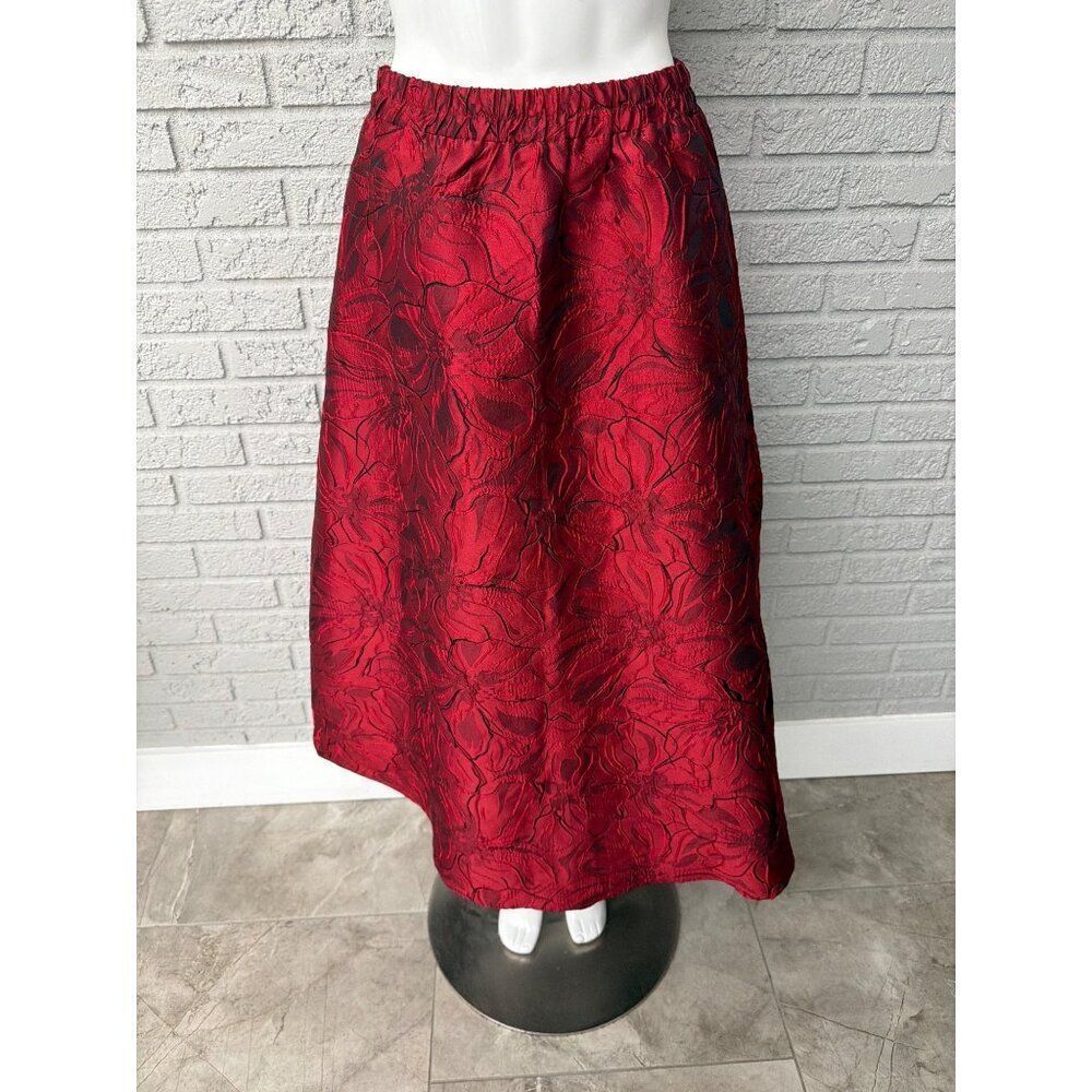 Luna Women’s Dark Red Floral Jacquard A-Line Formal Midi Skirt Size S